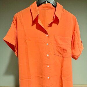 Short Sleeve Button Down Collar Blouse with Bust Pocket, Summer Casual Work Top